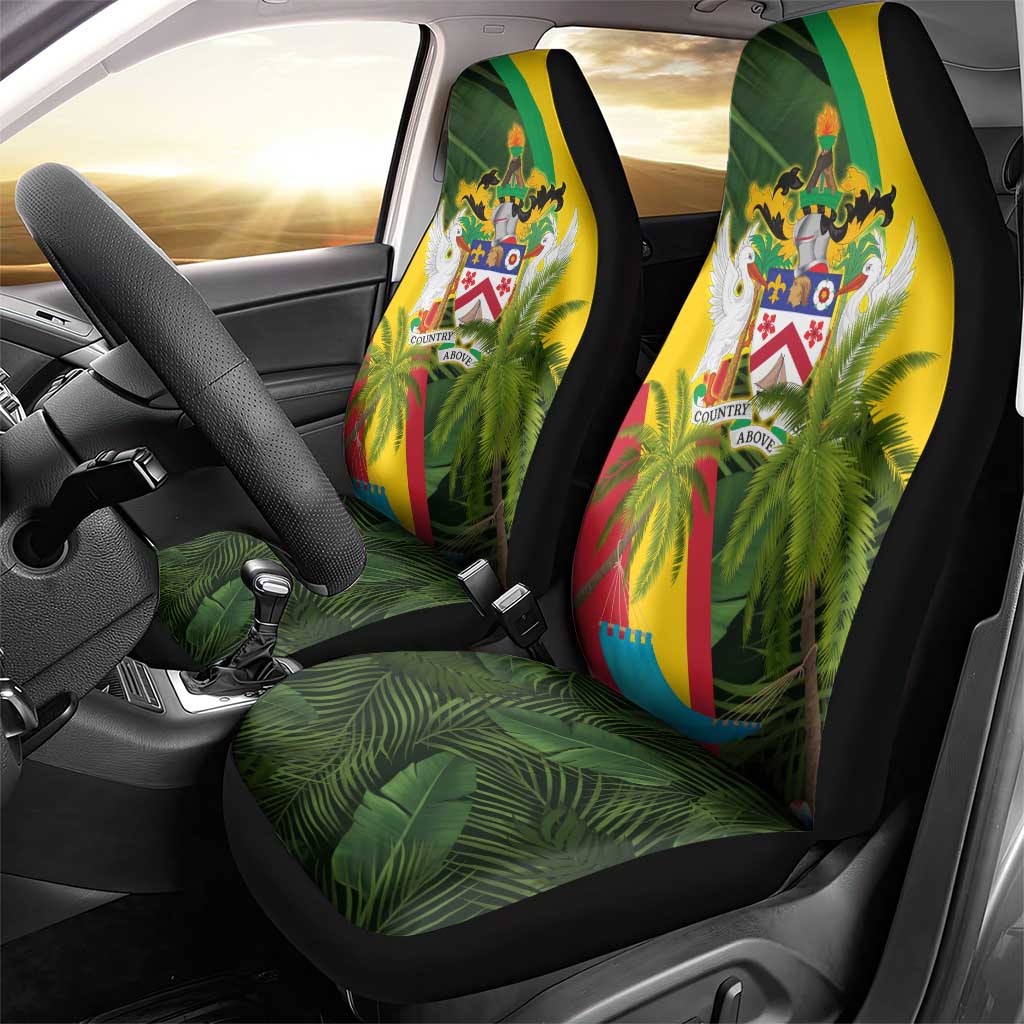 Saint Kitts and Nevis Apparel Car Seat Cover with Coat of Arms, Palm Trees, and Hammock Graphic in Tropical Green and Flag-Inspired Design - Wonder Print Shop