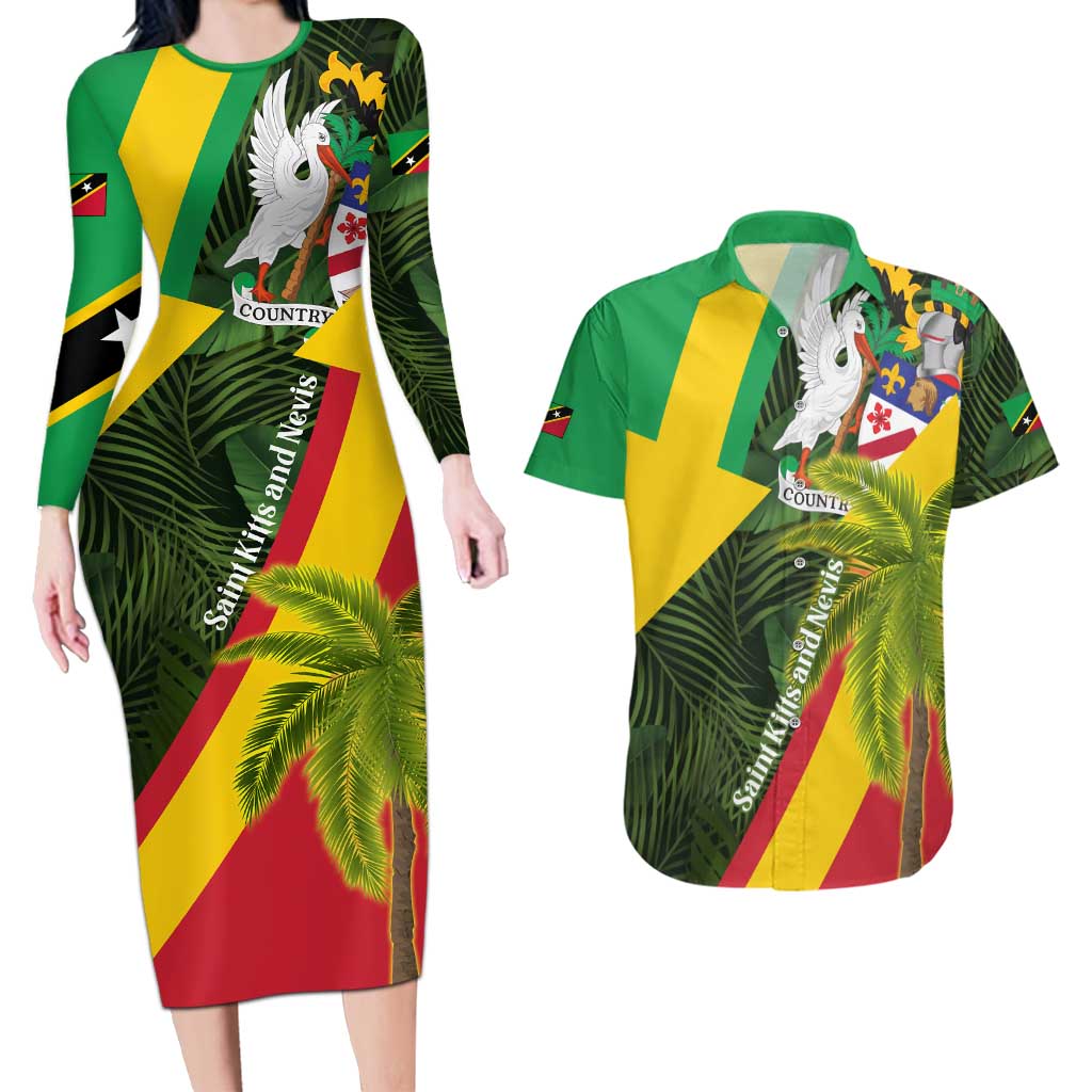 Saint Kitts and Nevis Apparel Couples Matching Long Sleeve Bodycon Dress and Hawaiian Shirt with Coat of Arms, Palm Trees, and Hammock Graphic in Tropical Green and Flag-Inspired Design - Wonder Print Shop
