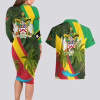 Saint Kitts and Nevis Apparel Couples Matching Long Sleeve Bodycon Dress and Hawaiian Shirt with Coat of Arms, Palm Trees, and Hammock Graphic in Tropical Green and Flag-Inspired Design - Wonder Print Shop