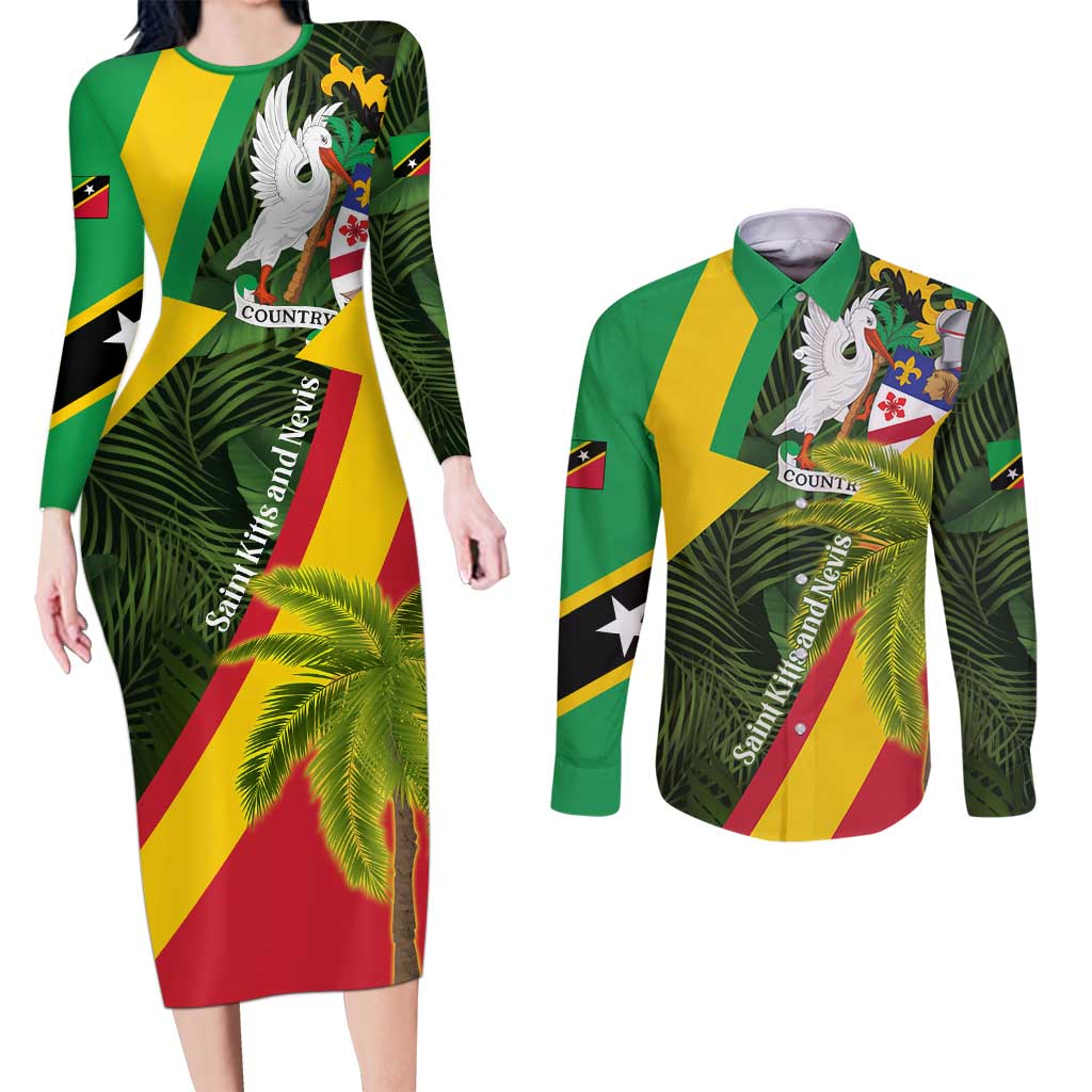 Saint Kitts and Nevis Apparel Couples Matching Long Sleeve Bodycon Dress and Long Sleeve Button Shirt with Coat of Arms, Palm Trees, and Hammock Graphic in Tropical Green and Flag-Inspired Design - Wonder Print Shop