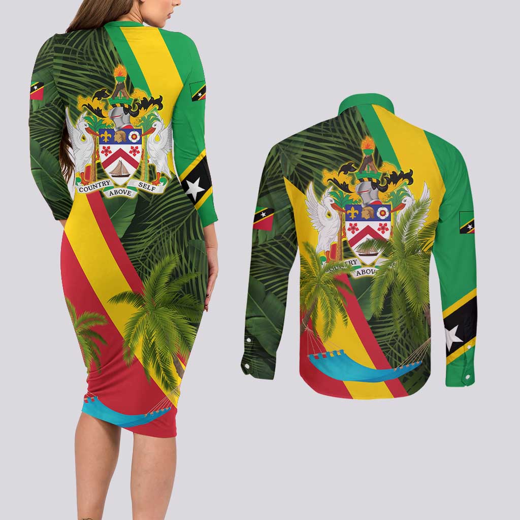 Saint Kitts and Nevis Apparel Couples Matching Long Sleeve Bodycon Dress and Long Sleeve Button Shirt with Coat of Arms, Palm Trees, and Hammock Graphic in Tropical Green and Flag-Inspired Design - Wonder Print Shop