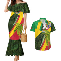 Saint Kitts and Nevis Apparel Couples Matching Mermaid Dress and Hawaiian Shirt with Coat of Arms, Palm Trees, and Hammock Graphic in Tropical Green and Flag-Inspired Design - Wonder Print Shop