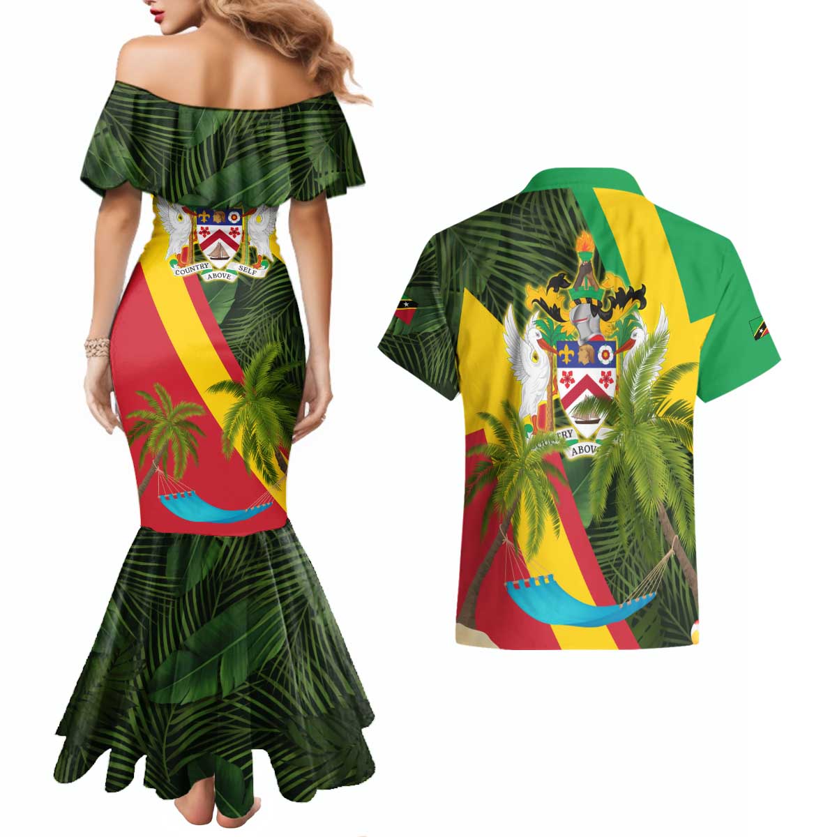 Saint Kitts and Nevis Apparel Couples Matching Mermaid Dress and Hawaiian Shirt with Coat of Arms, Palm Trees, and Hammock Graphic in Tropical Green and Flag-Inspired Design - Wonder Print Shop