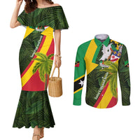 Saint Kitts and Nevis Apparel Couples Matching Mermaid Dress and Long Sleeve Button Shirt with Coat of Arms, Palm Trees, and Hammock Graphic in Tropical Green and Flag-Inspired Design - Wonder Print Shop