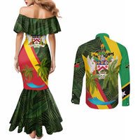 Saint Kitts and Nevis Apparel Couples Matching Mermaid Dress and Long Sleeve Button Shirt with Coat of Arms, Palm Trees, and Hammock Graphic in Tropical Green and Flag-Inspired Design - Wonder Print Shop