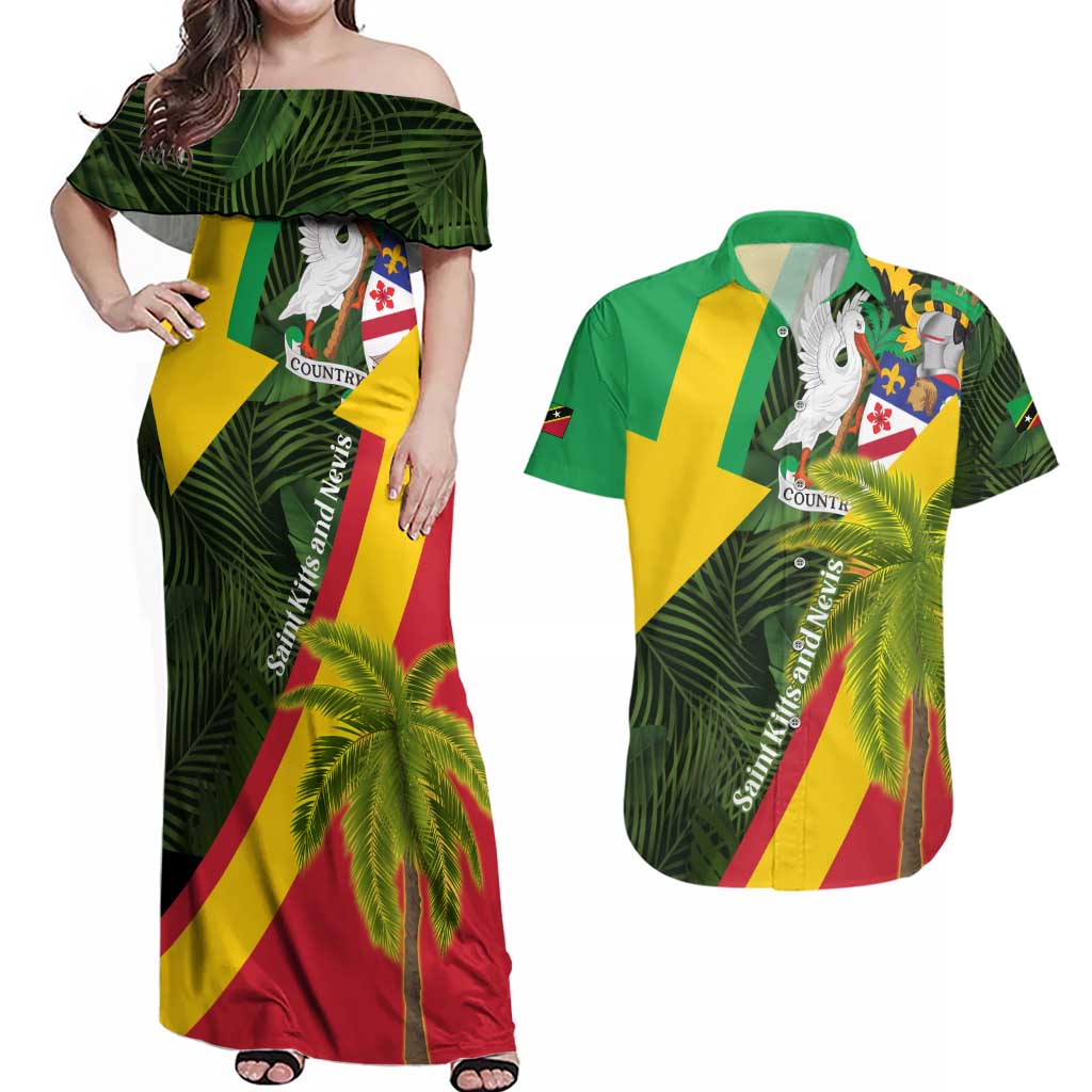 Saint Kitts and Nevis Apparel Couples Matching Off Shoulder Maxi Dress and Hawaiian Shirt with Coat of Arms, Palm Trees, and Hammock Graphic in Tropical Green and Flag-Inspired Design - Wonder Print Shop