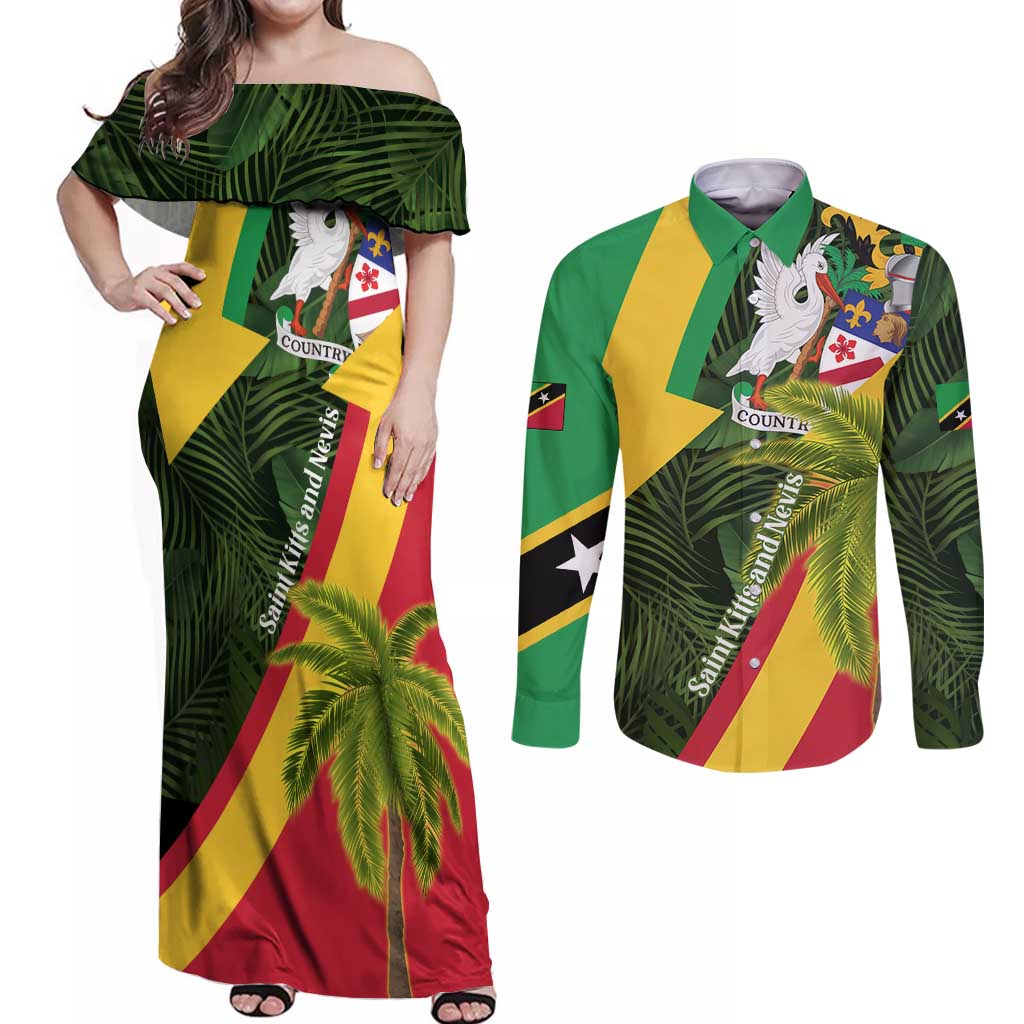 Saint Kitts and Nevis Apparel Couples Matching Off Shoulder Maxi Dress and Long Sleeve Button Shirt with Coat of Arms, Palm Trees, and Hammock Graphic in Tropical Green and Flag-Inspired Design - Wonder Print Shop