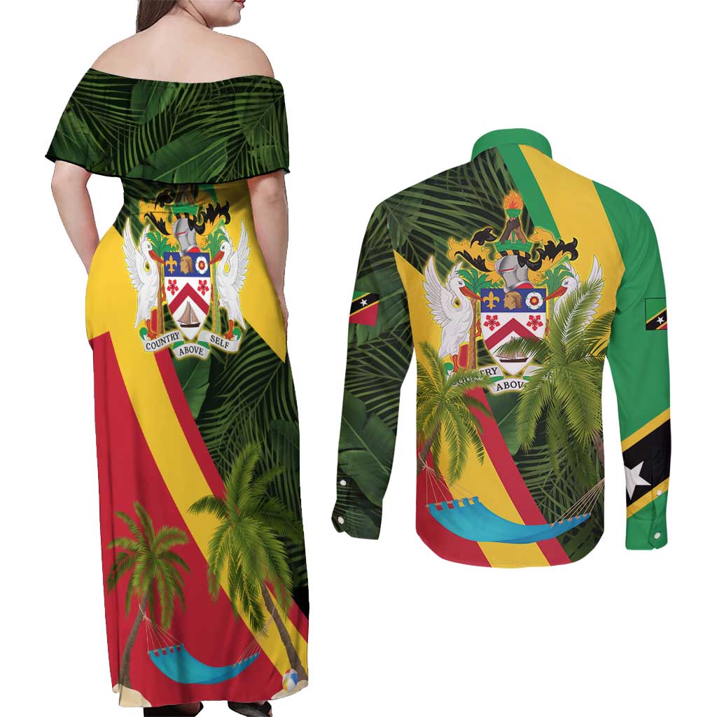 Saint Kitts and Nevis Apparel Couples Matching Off Shoulder Maxi Dress and Long Sleeve Button Shirt with Coat of Arms, Palm Trees, and Hammock Graphic in Tropical Green and Flag-Inspired Design - Wonder Print Shop
