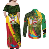 Saint Kitts and Nevis Apparel Couples Matching Off Shoulder Maxi Dress and Long Sleeve Button Shirt with Coat of Arms, Palm Trees, and Hammock Graphic in Tropical Green and Flag-Inspired Design - Wonder Print Shop