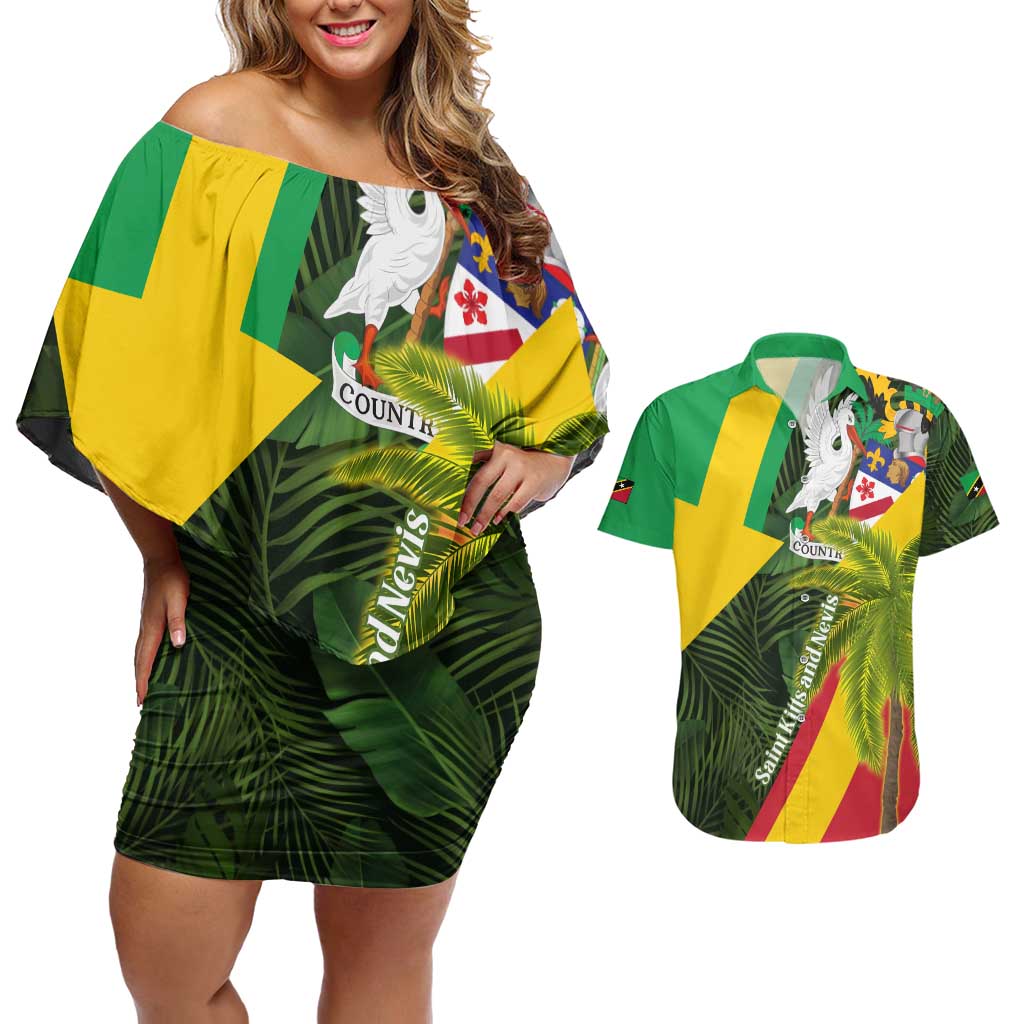 Saint Kitts and Nevis Apparel Couples Matching Off Shoulder Short Dress and Hawaiian Shirt with Coat of Arms, Palm Trees, and Hammock Graphic in Tropical Green and Flag-Inspired Design - Wonder Print Shop