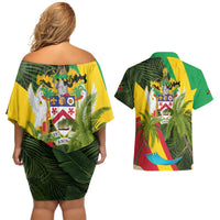 Saint Kitts and Nevis Apparel Couples Matching Off Shoulder Short Dress and Hawaiian Shirt with Coat of Arms, Palm Trees, and Hammock Graphic in Tropical Green and Flag-Inspired Design - Wonder Print Shop