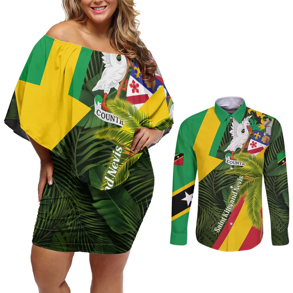 Saint Kitts and Nevis Apparel Couples Matching Off Shoulder Short Dress and Long Sleeve Button Shirt with Coat of Arms, Palm Trees, and Hammock Graphic in Tropical Green and Flag-Inspired Design - Wonder Print Shop