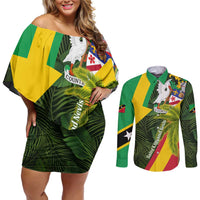 Saint Kitts and Nevis Apparel Couples Matching Off Shoulder Short Dress and Long Sleeve Button Shirt with Coat of Arms, Palm Trees, and Hammock Graphic in Tropical Green and Flag-Inspired Design - Wonder Print Shop