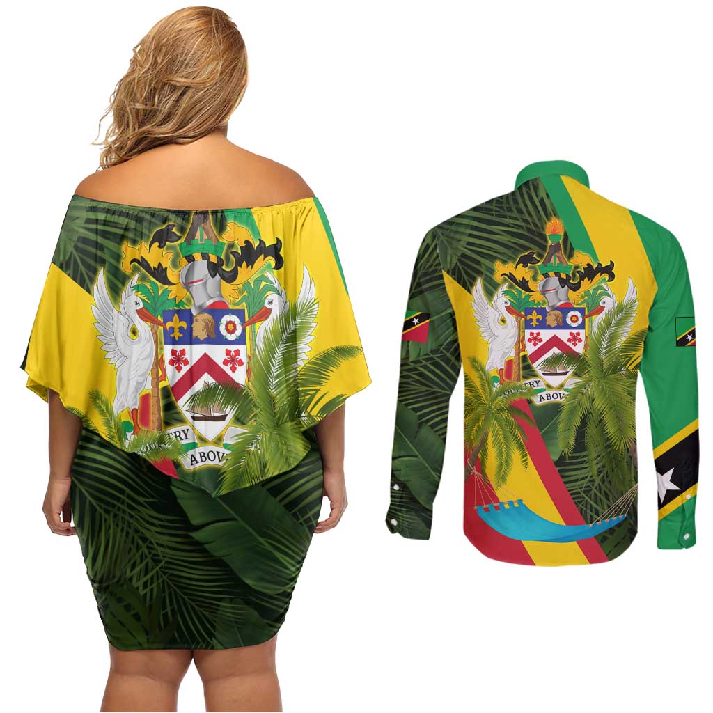 Saint Kitts and Nevis Apparel Couples Matching Off Shoulder Short Dress and Long Sleeve Button Shirt with Coat of Arms, Palm Trees, and Hammock Graphic in Tropical Green and Flag-Inspired Design - Wonder Print Shop