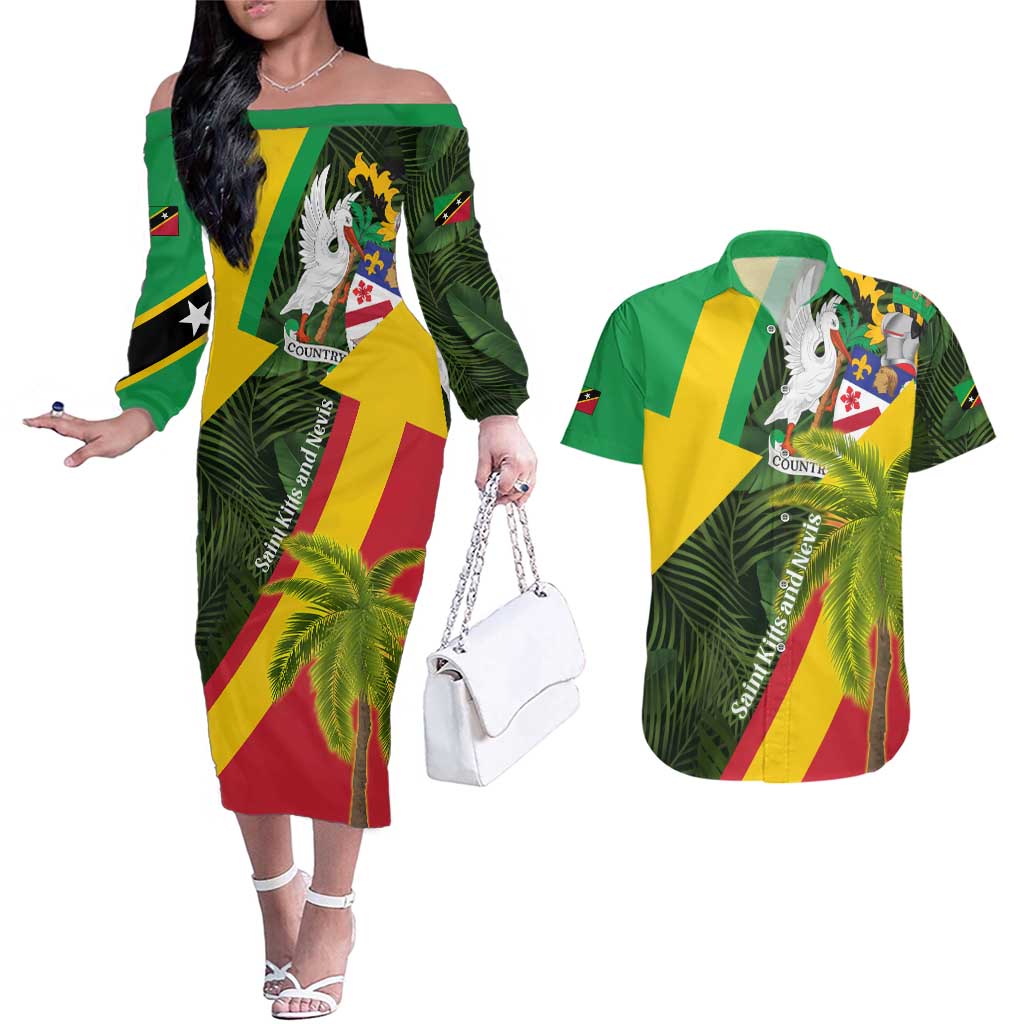Saint Kitts and Nevis Apparel Couples Matching Off The Shoulder Long Sleeve Dress and Hawaiian Shirt with Coat of Arms, Palm Trees, and Hammock Graphic in Tropical Green and Flag-Inspired Design - Wonder Print Shop