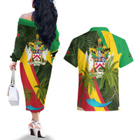 Saint Kitts and Nevis Apparel Couples Matching Off The Shoulder Long Sleeve Dress and Hawaiian Shirt with Coat of Arms, Palm Trees, and Hammock Graphic in Tropical Green and Flag-Inspired Design - Wonder Print Shop