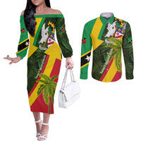 Saint Kitts and Nevis Apparel Couples Matching Off The Shoulder Long Sleeve Dress and Long Sleeve Button Shirt with Coat of Arms, Palm Trees, and Hammock Graphic in Tropical Green and Flag-Inspired Design - Wonder Print Shop