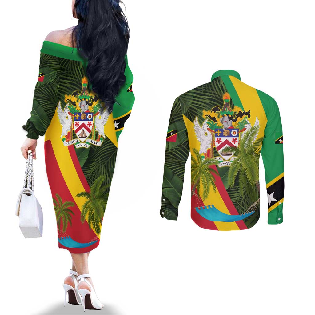 Saint Kitts and Nevis Apparel Couples Matching Off The Shoulder Long Sleeve Dress and Long Sleeve Button Shirt with Coat of Arms, Palm Trees, and Hammock Graphic in Tropical Green and Flag-Inspired Design - Wonder Print Shop