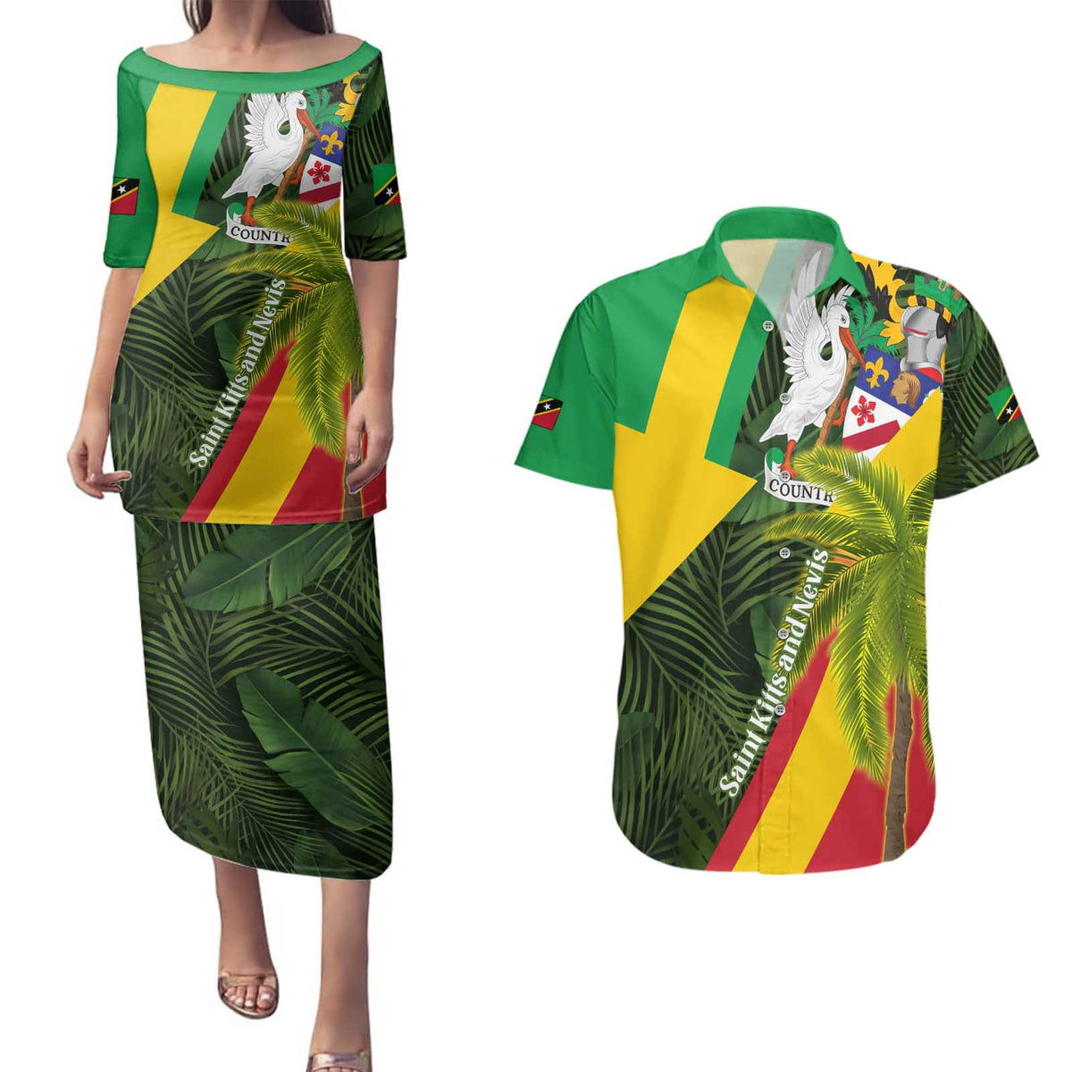 Saint Kitts and Nevis Apparel Couples Matching Puletasi and Hawaiian Shirt with Coat of Arms, Palm Trees, and Hammock Graphic in Tropical Green and Flag-Inspired Design - Wonder Print Shop