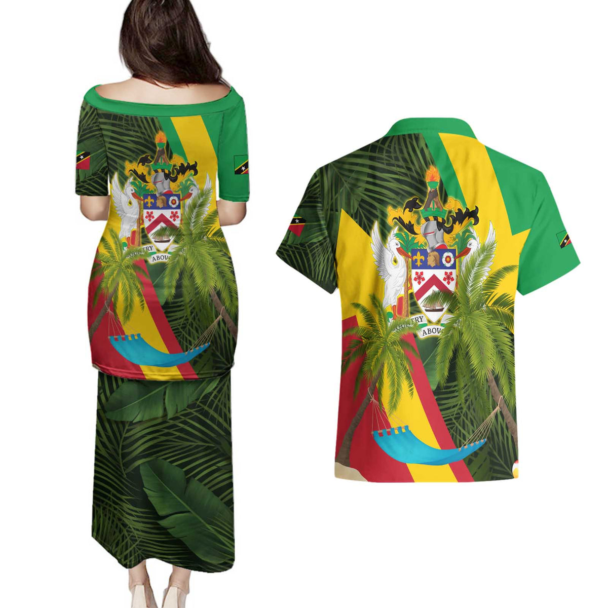 Saint Kitts and Nevis Apparel Couples Matching Puletasi and Hawaiian Shirt with Coat of Arms, Palm Trees, and Hammock Graphic in Tropical Green and Flag-Inspired Design - Wonder Print Shop