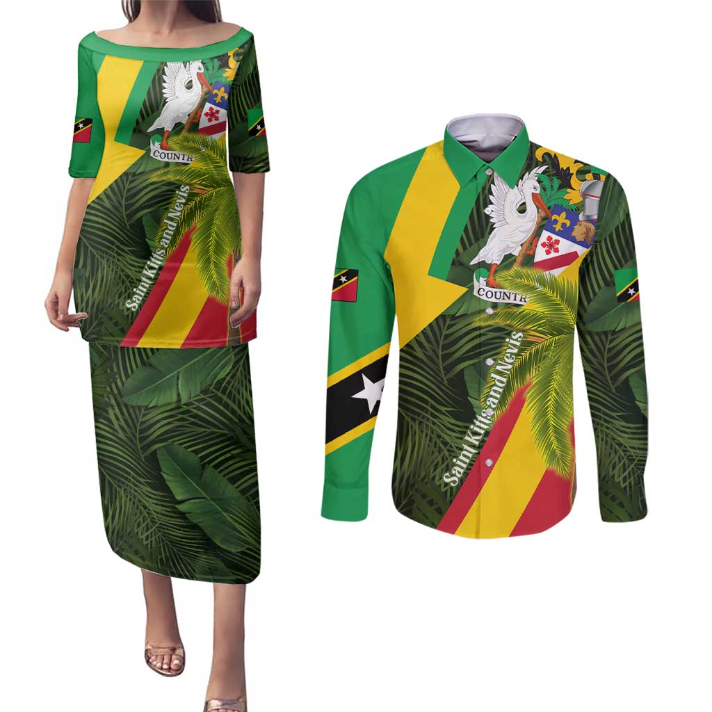 Saint Kitts and Nevis Apparel Couples Matching Puletasi and Long Sleeve Button Shirt with Coat of Arms, Palm Trees, and Hammock Graphic in Tropical Green and Flag-Inspired Design - Wonder Print Shop