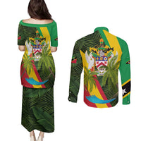 Saint Kitts and Nevis Apparel Couples Matching Puletasi and Long Sleeve Button Shirt with Coat of Arms, Palm Trees, and Hammock Graphic in Tropical Green and Flag-Inspired Design - Wonder Print Shop