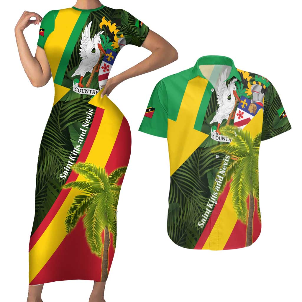Saint Kitts and Nevis Apparel Couples Matching Short Sleeve Bodycon Dress and Hawaiian Shirt with Coat of Arms, Palm Trees, and Hammock Graphic in Tropical Green and Flag-Inspired Design - Wonder Print Shop