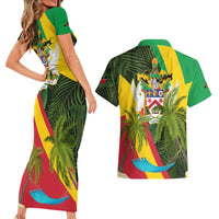 Saint Kitts and Nevis Apparel Couples Matching Short Sleeve Bodycon Dress and Hawaiian Shirt with Coat of Arms, Palm Trees, and Hammock Graphic in Tropical Green and Flag-Inspired Design - Wonder Print Shop