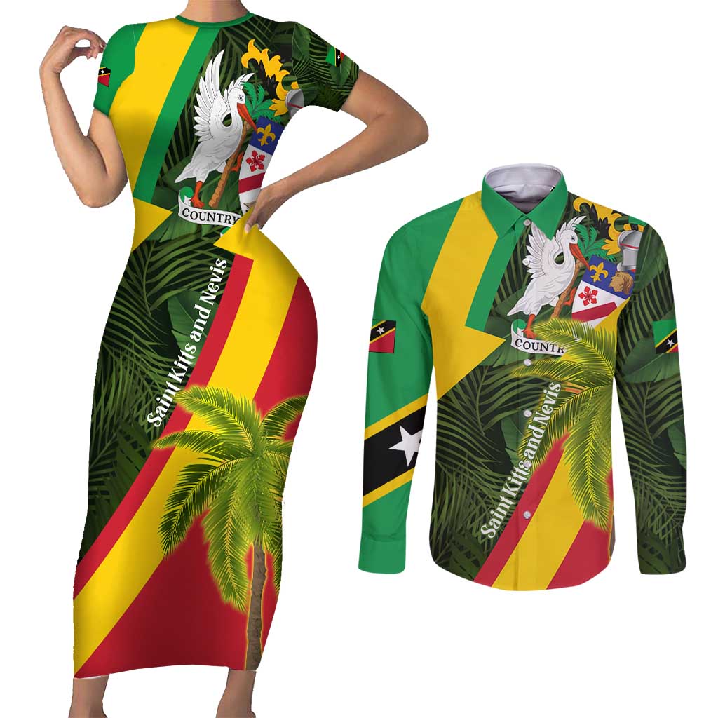 Saint Kitts and Nevis Apparel Couples Matching Short Sleeve Bodycon Dress and Long Sleeve Button Shirt with Coat of Arms, Palm Trees, and Hammock Graphic in Tropical Green and Flag-Inspired Design - Wonder Print Shop