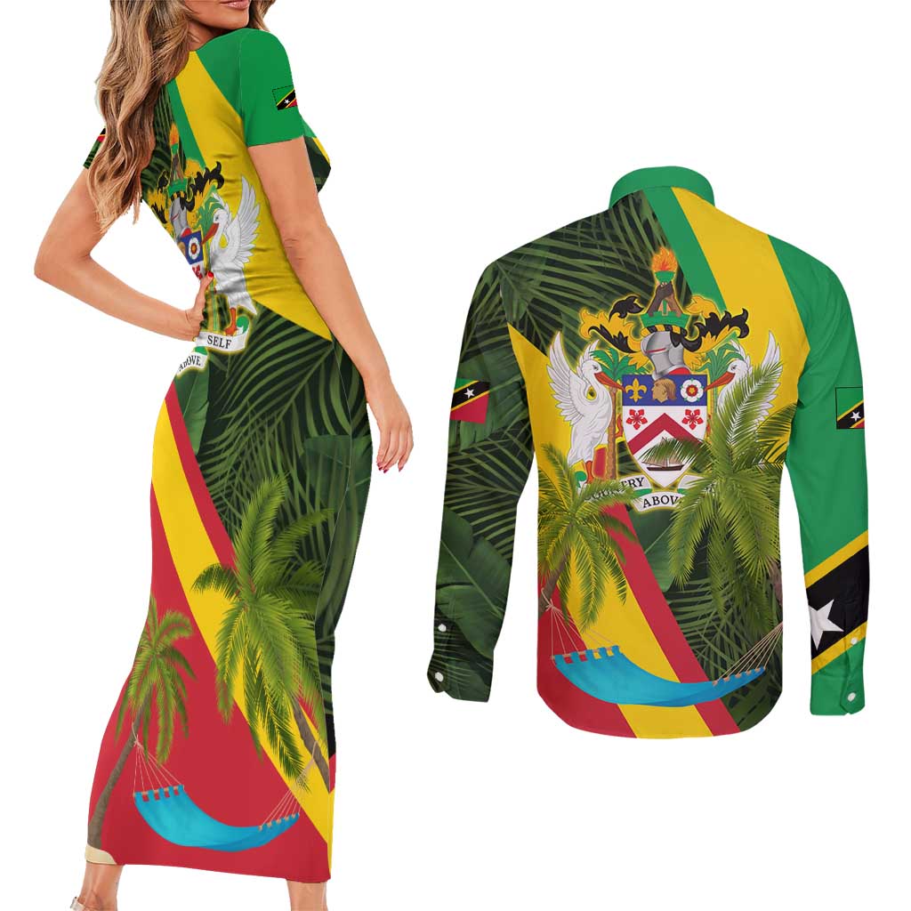 Saint Kitts and Nevis Apparel Couples Matching Short Sleeve Bodycon Dress and Long Sleeve Button Shirt with Coat of Arms, Palm Trees, and Hammock Graphic in Tropical Green and Flag-Inspired Design - Wonder Print Shop