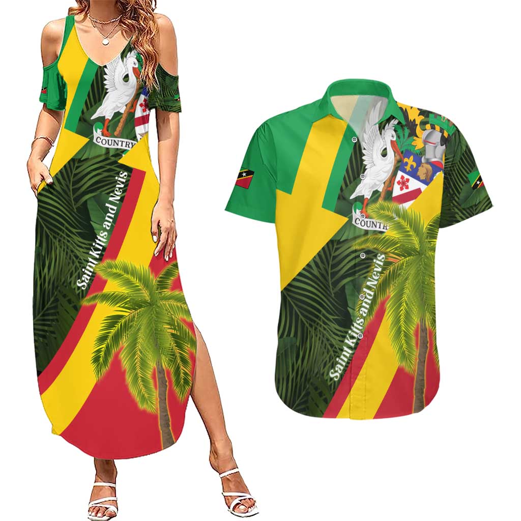 Saint Kitts and Nevis Apparel Couples Matching Summer Maxi Dress and Hawaiian Shirt with Coat of Arms, Palm Trees, and Hammock Graphic in Tropical Green and Flag-Inspired Design - Wonder Print Shop