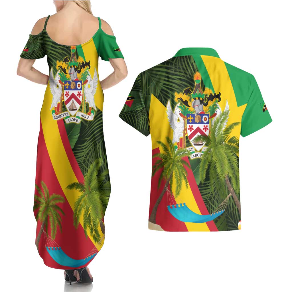 Saint Kitts and Nevis Apparel Couples Matching Summer Maxi Dress and Hawaiian Shirt with Coat of Arms, Palm Trees, and Hammock Graphic in Tropical Green and Flag-Inspired Design - Wonder Print Shop