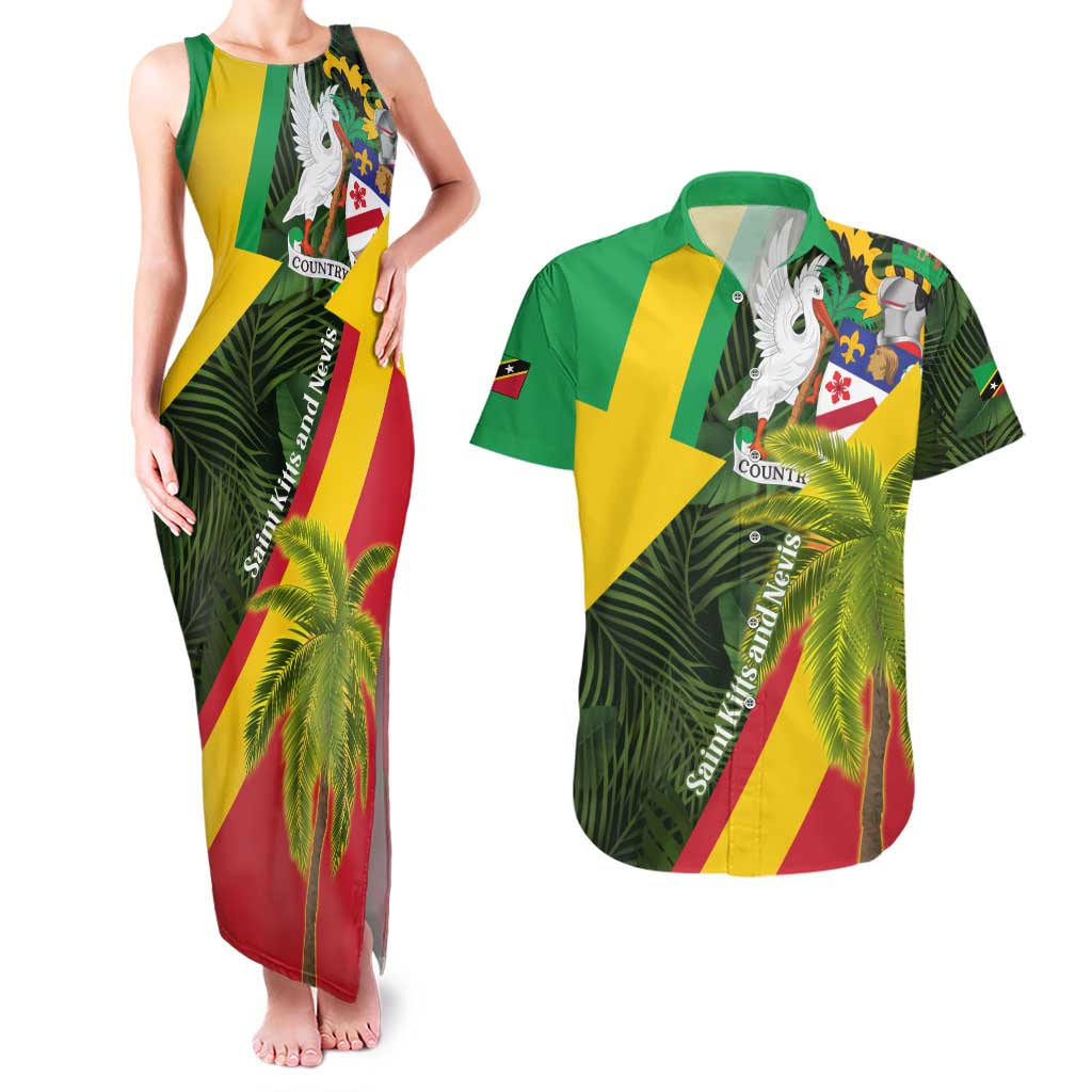 Saint Kitts and Nevis Apparel Couples Matching Tank Maxi Dress and Hawaiian Shirt with Coat of Arms, Palm Trees, and Hammock Graphic in Tropical Green and Flag-Inspired Design - Wonder Print Shop