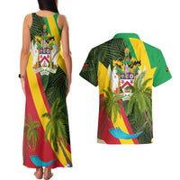 Saint Kitts and Nevis Apparel Couples Matching Tank Maxi Dress and Hawaiian Shirt with Coat of Arms, Palm Trees, and Hammock Graphic in Tropical Green and Flag-Inspired Design - Wonder Print Shop