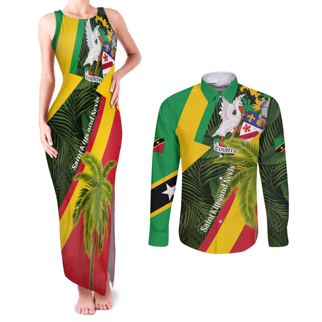 Saint Kitts and Nevis Apparel Couples Matching Tank Maxi Dress and Long Sleeve Button Shirt with Coat of Arms, Palm Trees, and Hammock Graphic in Tropical Green and Flag-Inspired Design - Wonder Print Shop