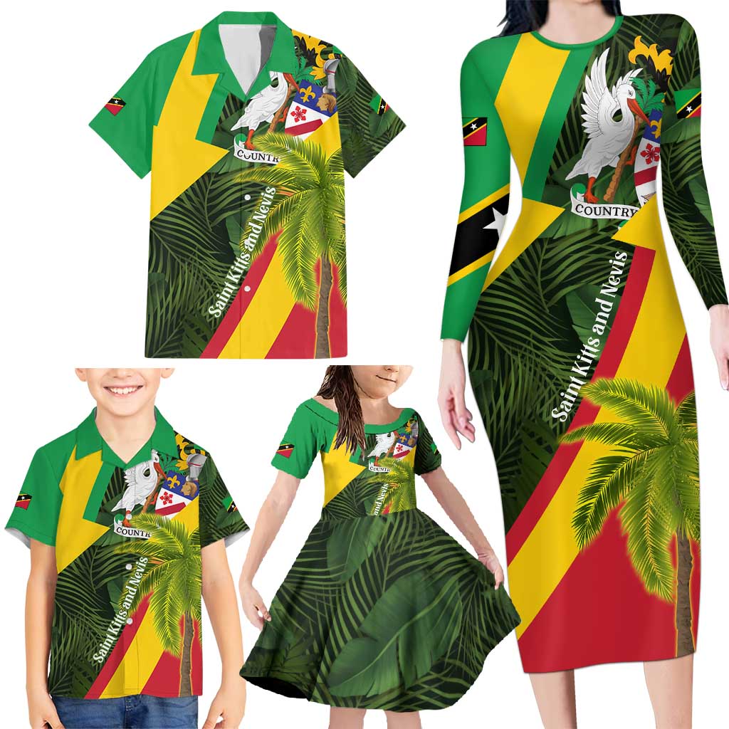Saint Kitts and Nevis Apparel Family Matching Long Sleeve Bodycon Dress and Hawaiian Shirt with Coat of Arms, Palm Trees, and Hammock Graphic in Tropical Green and Flag-Inspired Design - Wonder Print Shop