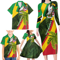 Saint Kitts and Nevis Apparel Family Matching Long Sleeve Bodycon Dress and Hawaiian Shirt with Coat of Arms, Palm Trees, and Hammock Graphic in Tropical Green and Flag-Inspired Design - Wonder Print Shop