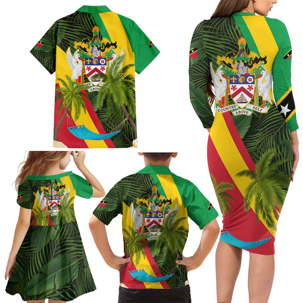 Saint Kitts and Nevis Apparel Family Matching Long Sleeve Bodycon Dress and Hawaiian Shirt with Coat of Arms, Palm Trees, and Hammock Graphic in Tropical Green and Flag-Inspired Design - Wonder Print Shop