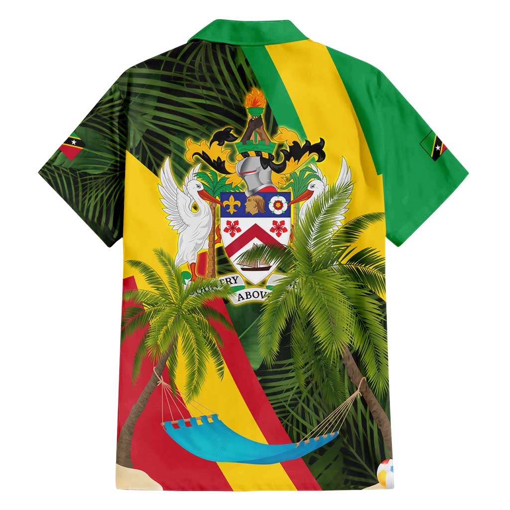 Saint Kitts and Nevis Apparel Family Matching Long Sleeve Bodycon Dress and Hawaiian Shirt with Coat of Arms, Palm Trees, and Hammock Graphic in Tropical Green and Flag-Inspired Design - Wonder Print Shop