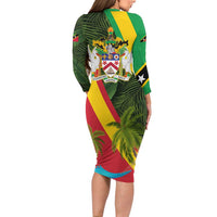Saint Kitts and Nevis Apparel Family Matching Long Sleeve Bodycon Dress and Hawaiian Shirt with Coat of Arms, Palm Trees, and Hammock Graphic in Tropical Green and Flag-Inspired Design - Wonder Print Shop