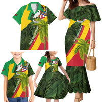 Saint Kitts and Nevis Apparel Family Matching Mermaid Dress and Hawaiian Shirt with Coat of Arms, Palm Trees, and Hammock Graphic in Tropical Green and Flag-Inspired Design - Wonder Print Shop
