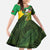 Saint Kitts and Nevis Apparel Family Matching Off The Shoulder Long Sleeve Dress and Hawaiian Shirt with Coat of Arms, Palm Trees, and Hammock Graphic in Tropical Green and Flag-Inspired Design - Wonder Print Shop