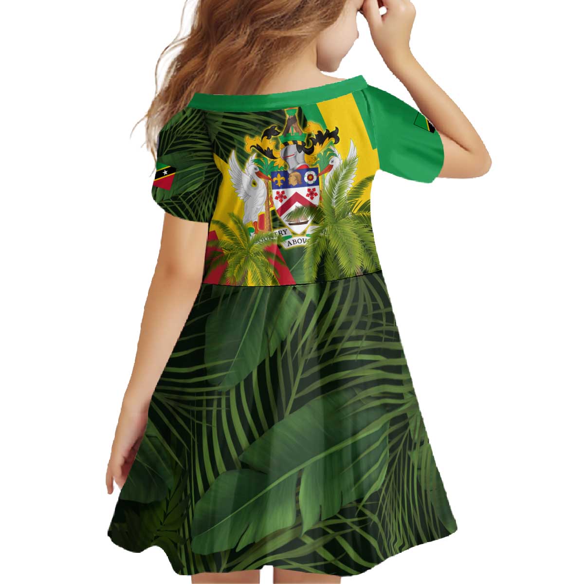 Saint Kitts and Nevis Apparel Family Matching Off The Shoulder Long Sleeve Dress and Hawaiian Shirt with Coat of Arms, Palm Trees, and Hammock Graphic in Tropical Green and Flag-Inspired Design - Wonder Print Shop