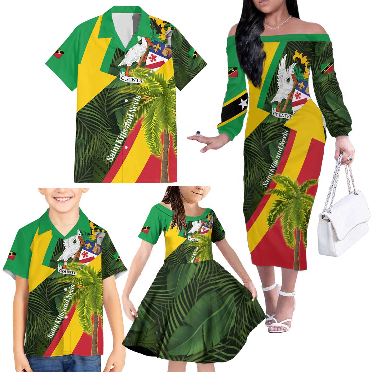 Saint Kitts and Nevis Apparel Family Matching Off The Shoulder Long Sleeve Dress and Hawaiian Shirt with Coat of Arms, Palm Trees, and Hammock Graphic in Tropical Green and Flag-Inspired Design - Wonder Print Shop