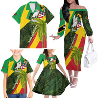 Saint Kitts and Nevis Apparel Family Matching Off The Shoulder Long Sleeve Dress and Hawaiian Shirt with Coat of Arms, Palm Trees, and Hammock Graphic in Tropical Green and Flag-Inspired Design - Wonder Print Shop