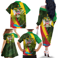 Saint Kitts and Nevis Apparel Family Matching Off The Shoulder Long Sleeve Dress and Hawaiian Shirt with Coat of Arms, Palm Trees, and Hammock Graphic in Tropical Green and Flag-Inspired Design - Wonder Print Shop