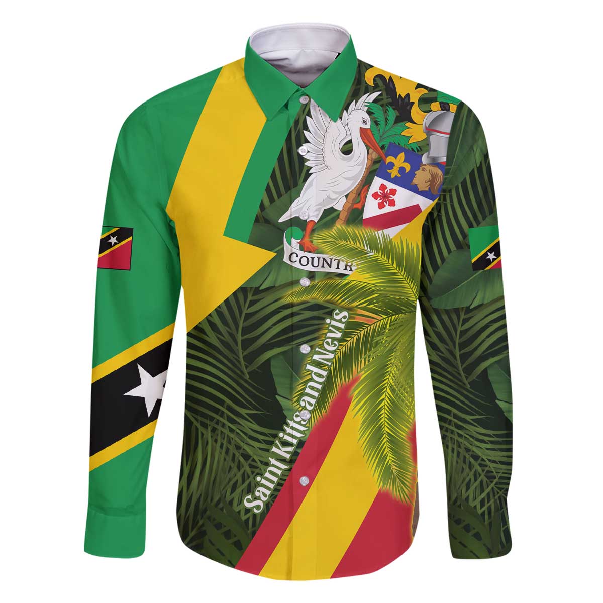 Saint Kitts and Nevis Apparel Family Matching Off The Shoulder Long Sleeve Dress and Hawaiian Shirt with Coat of Arms, Palm Trees, and Hammock Graphic in Tropical Green and Flag-Inspired Design - Wonder Print Shop