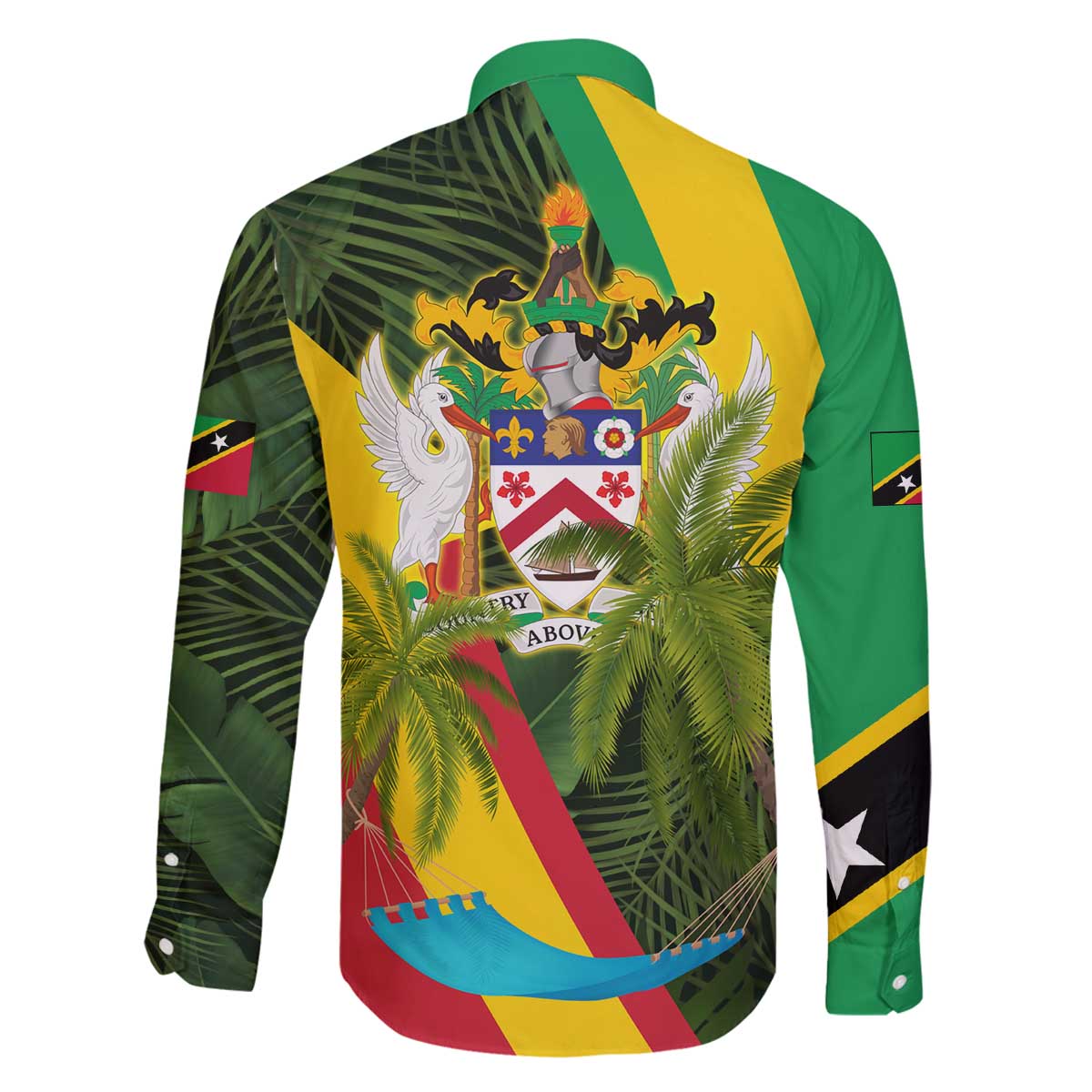 Saint Kitts and Nevis Apparel Family Matching Off The Shoulder Long Sleeve Dress and Hawaiian Shirt with Coat of Arms, Palm Trees, and Hammock Graphic in Tropical Green and Flag-Inspired Design - Wonder Print Shop
