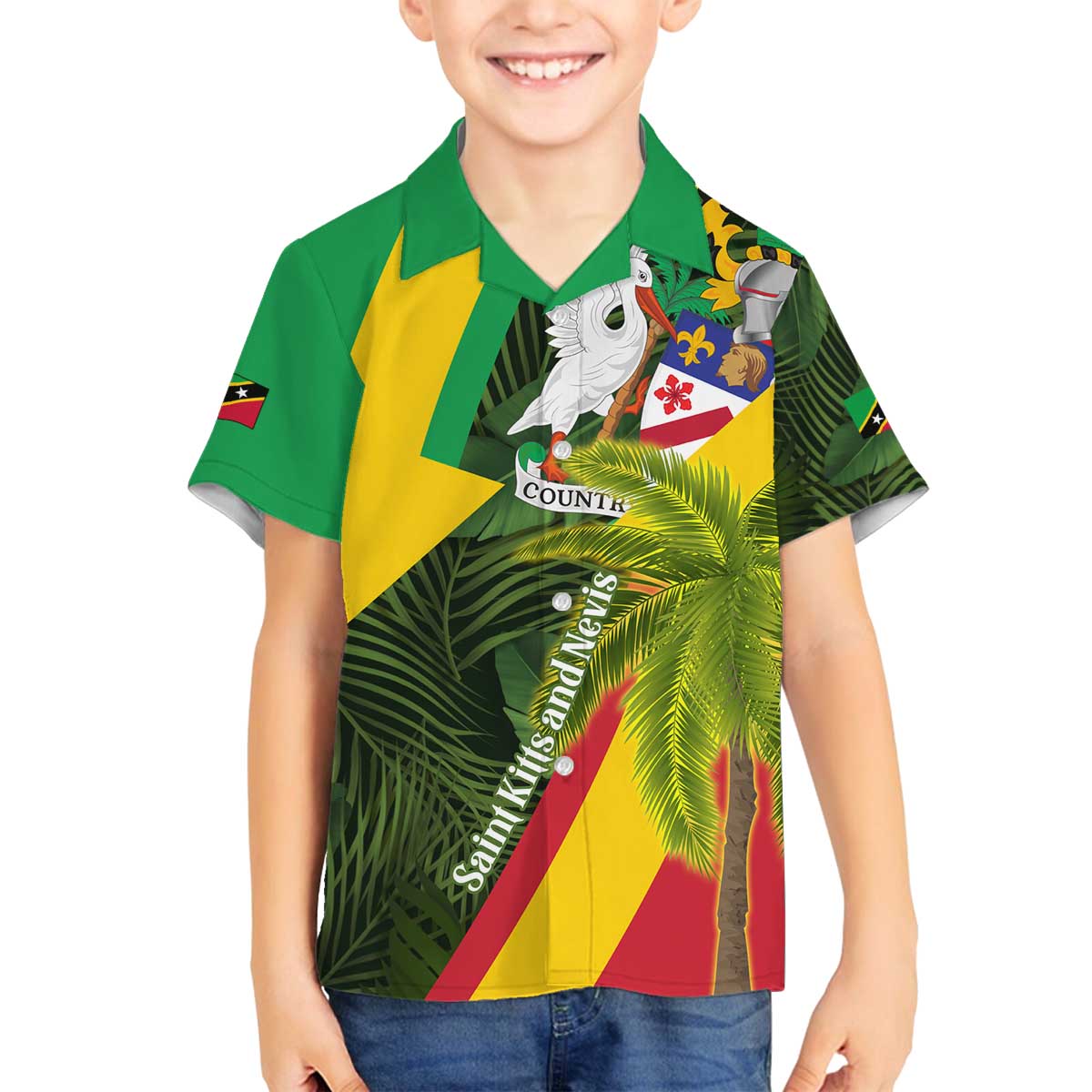 Saint Kitts and Nevis Apparel Family Matching Off The Shoulder Long Sleeve Dress and Hawaiian Shirt with Coat of Arms, Palm Trees, and Hammock Graphic in Tropical Green and Flag-Inspired Design - Wonder Print Shop