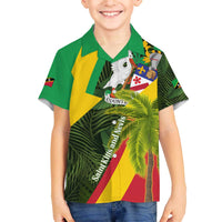 Saint Kitts and Nevis Apparel Family Matching Off The Shoulder Long Sleeve Dress and Hawaiian Shirt with Coat of Arms, Palm Trees, and Hammock Graphic in Tropical Green and Flag-Inspired Design - Wonder Print Shop